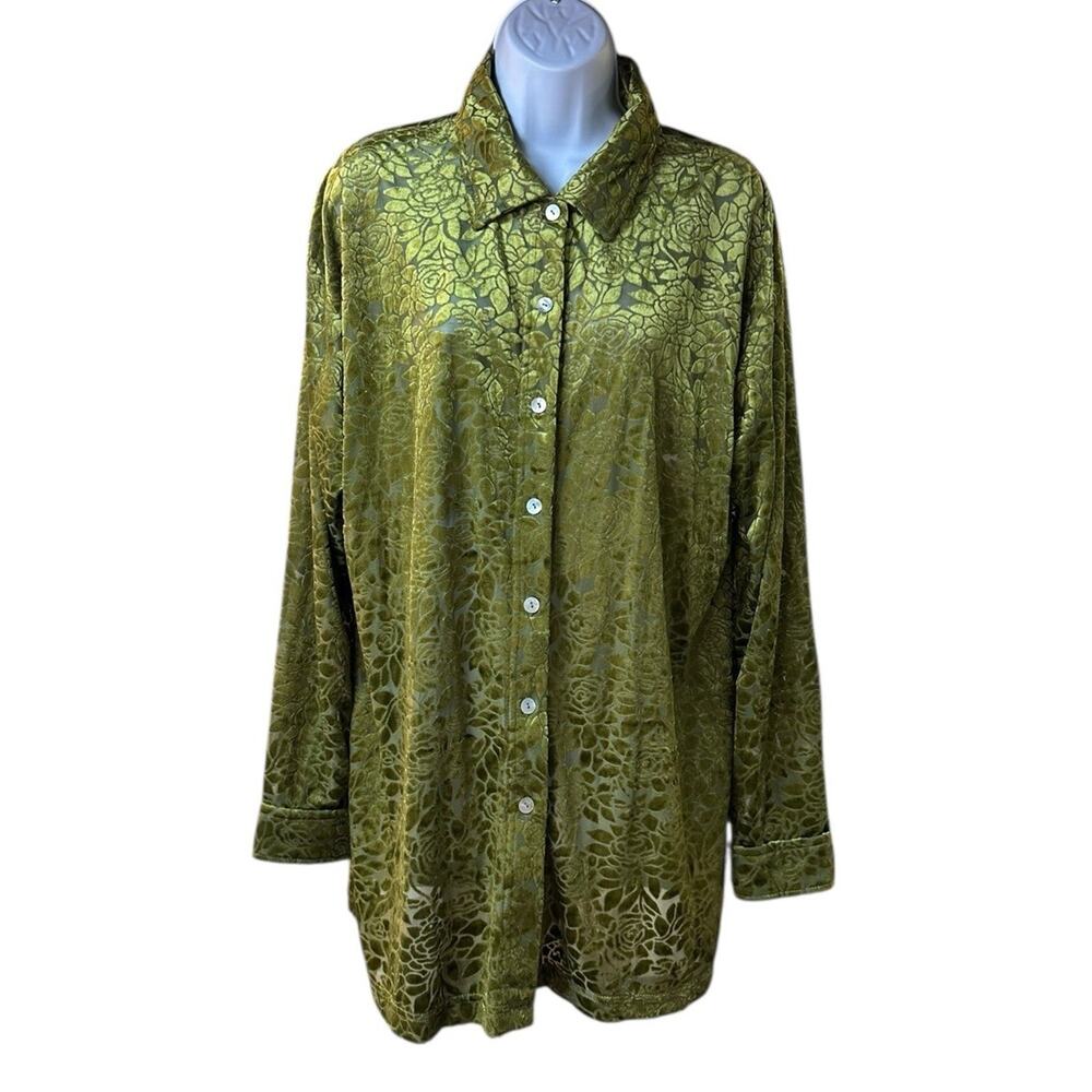 Moda International Burnout Velvet Blouse Olive Green Floral Sheer Boho Y2K Large